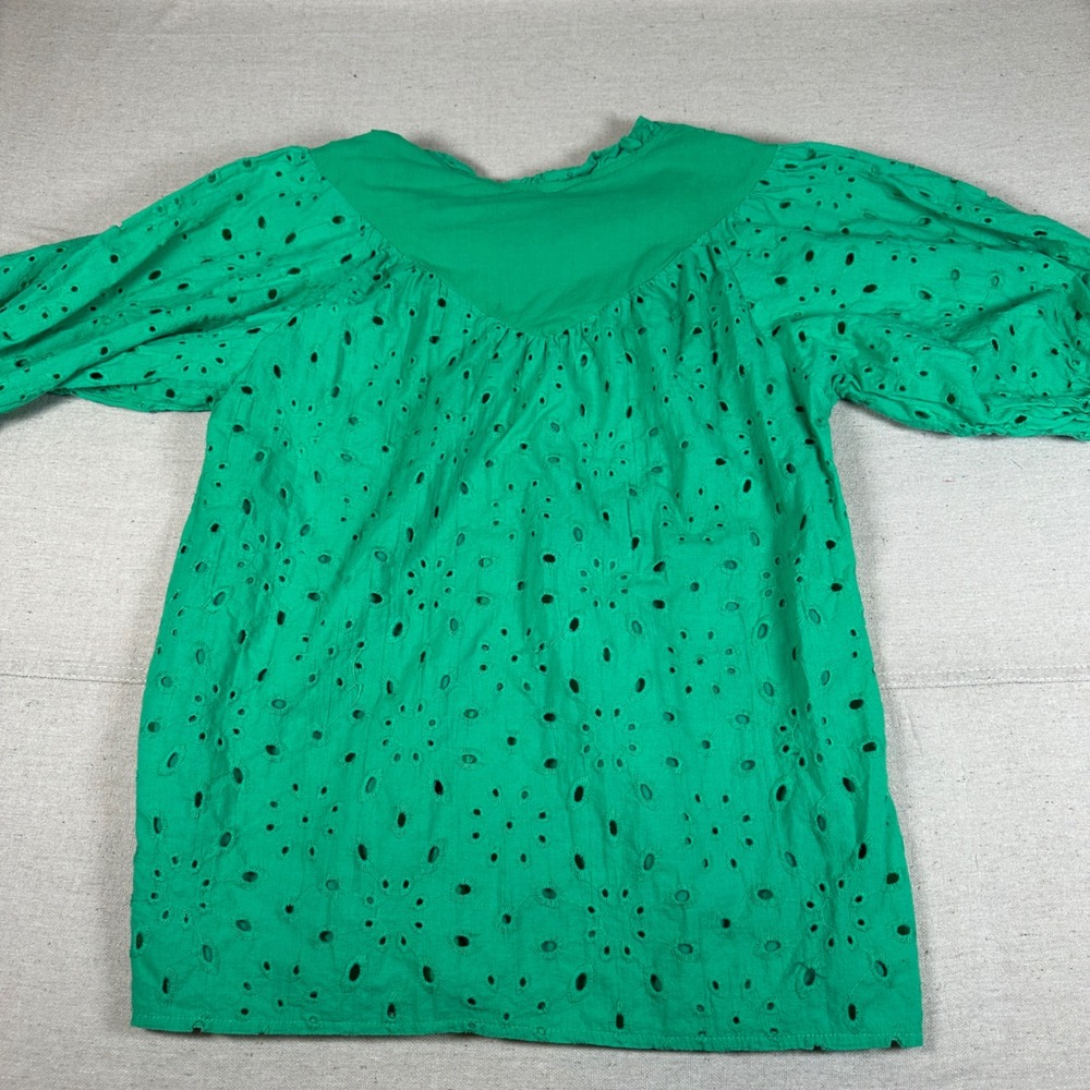 Green Eyelet‎ Cotton Blouse Ruffle Neck Balloon Sleeve Button Up Small spring - Picture 2 of 5